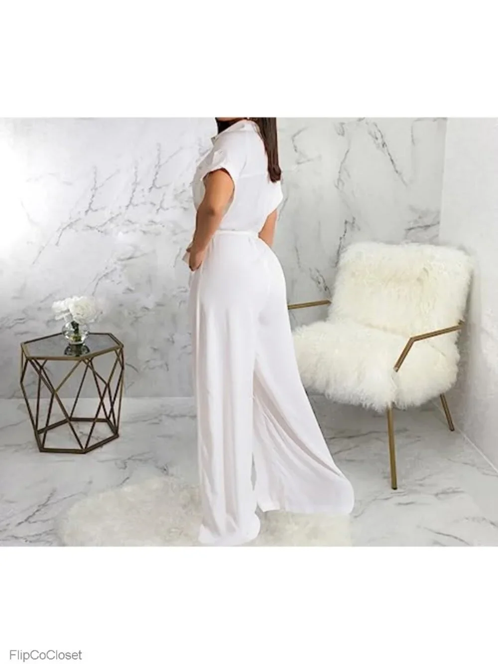 Wide Leg Jumpsuit with Belt Short Sleeve Loose Romper Club Party Work